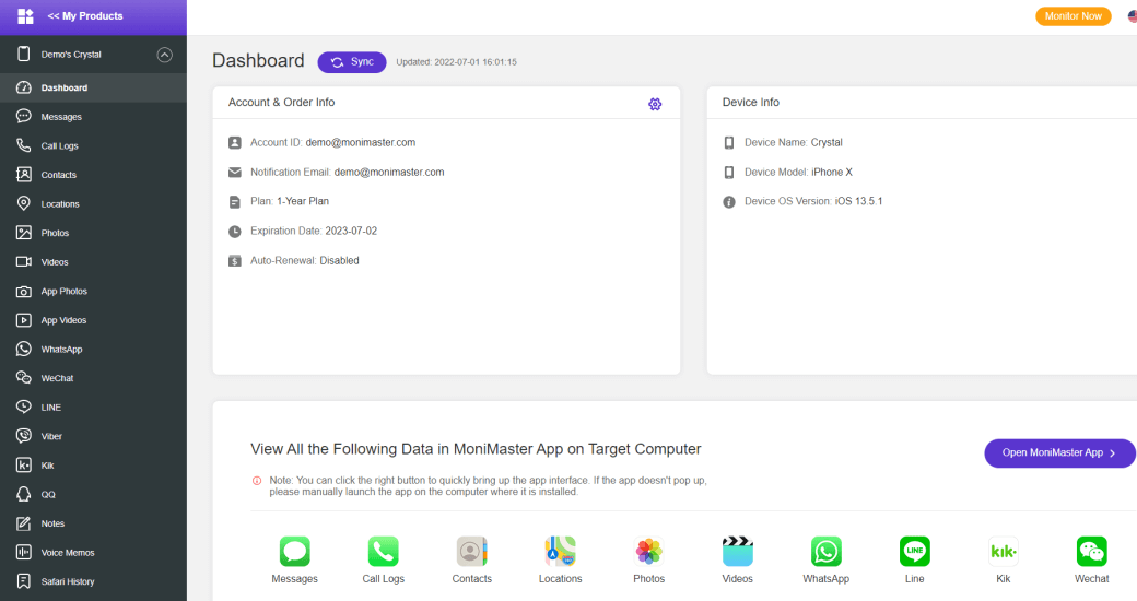 monitor iphone's data via online dashboard