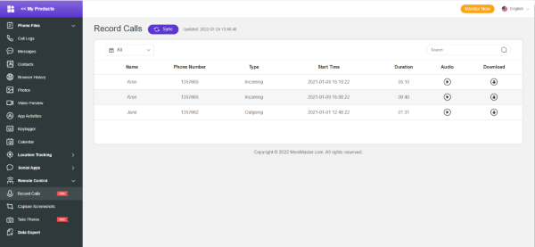 monimaster call log tracking