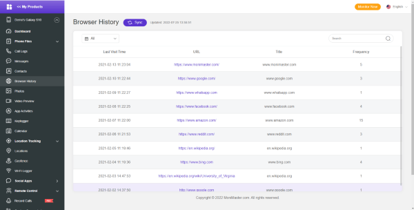 monimaster website history tracking