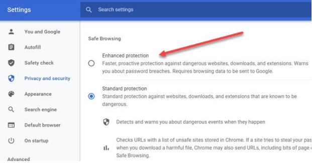 allow safe browsing in chrome