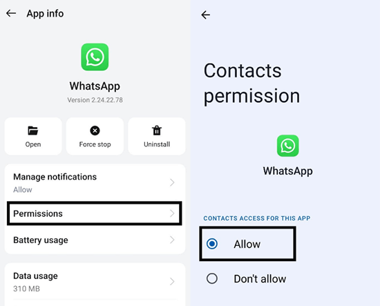 check whatsapp contacts permissions