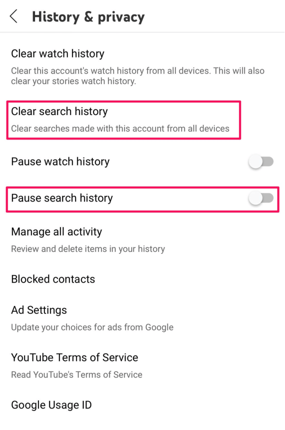 Manage youtube search history sale