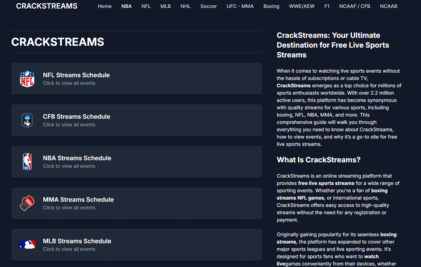 CrackStreams 2.0 home page