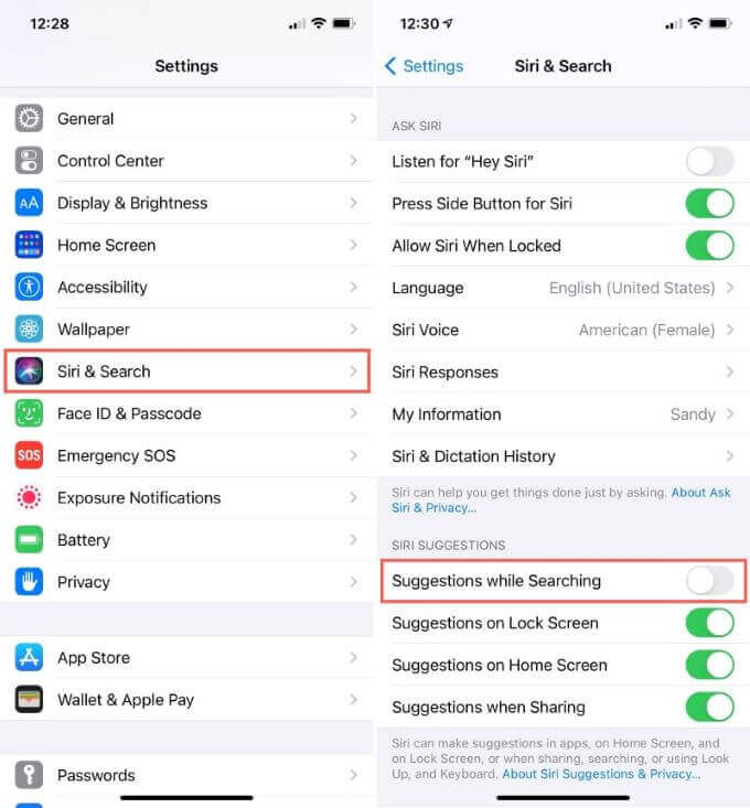 disable siri suggestions