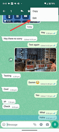 edit whatsapp message on android
