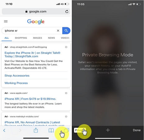 enable private browsing on iphone