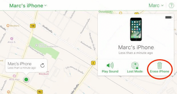 erase iphone via find my