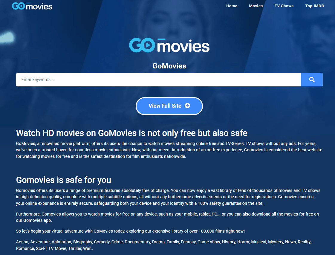 GoMovies home page