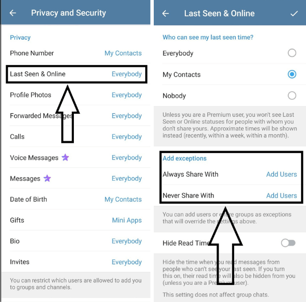 hide last seen in telegram from a specific use android