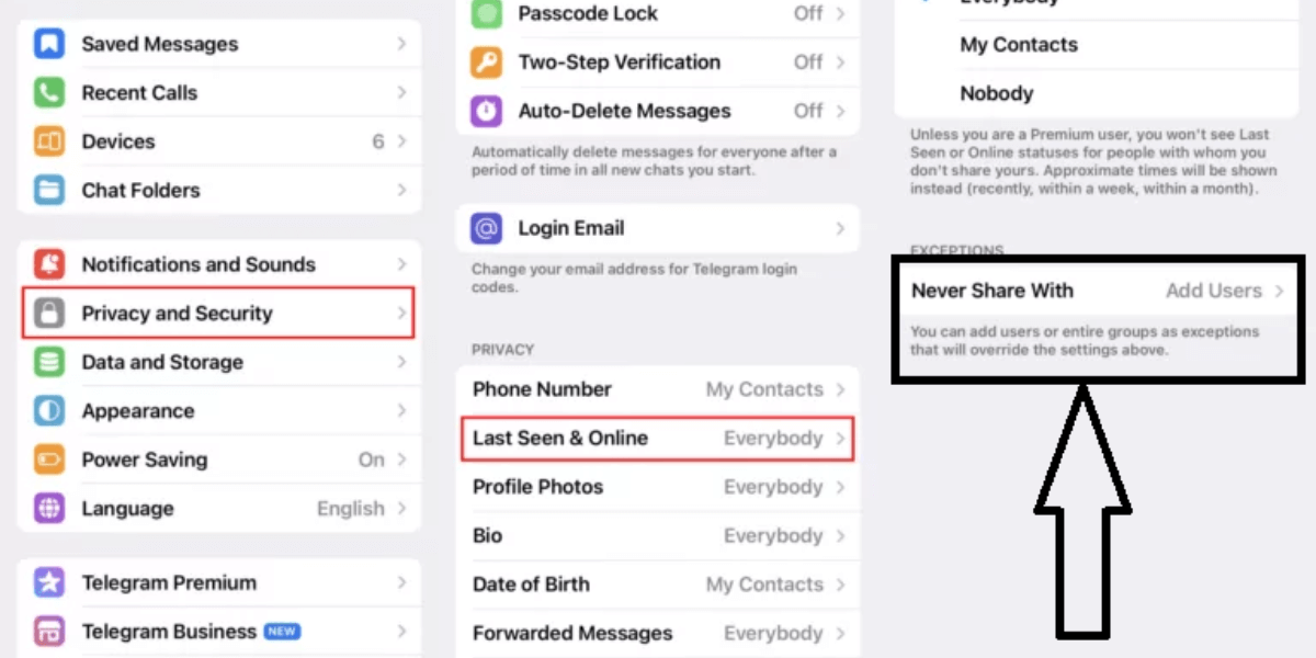 hide last seen in telegram from a specific use ios