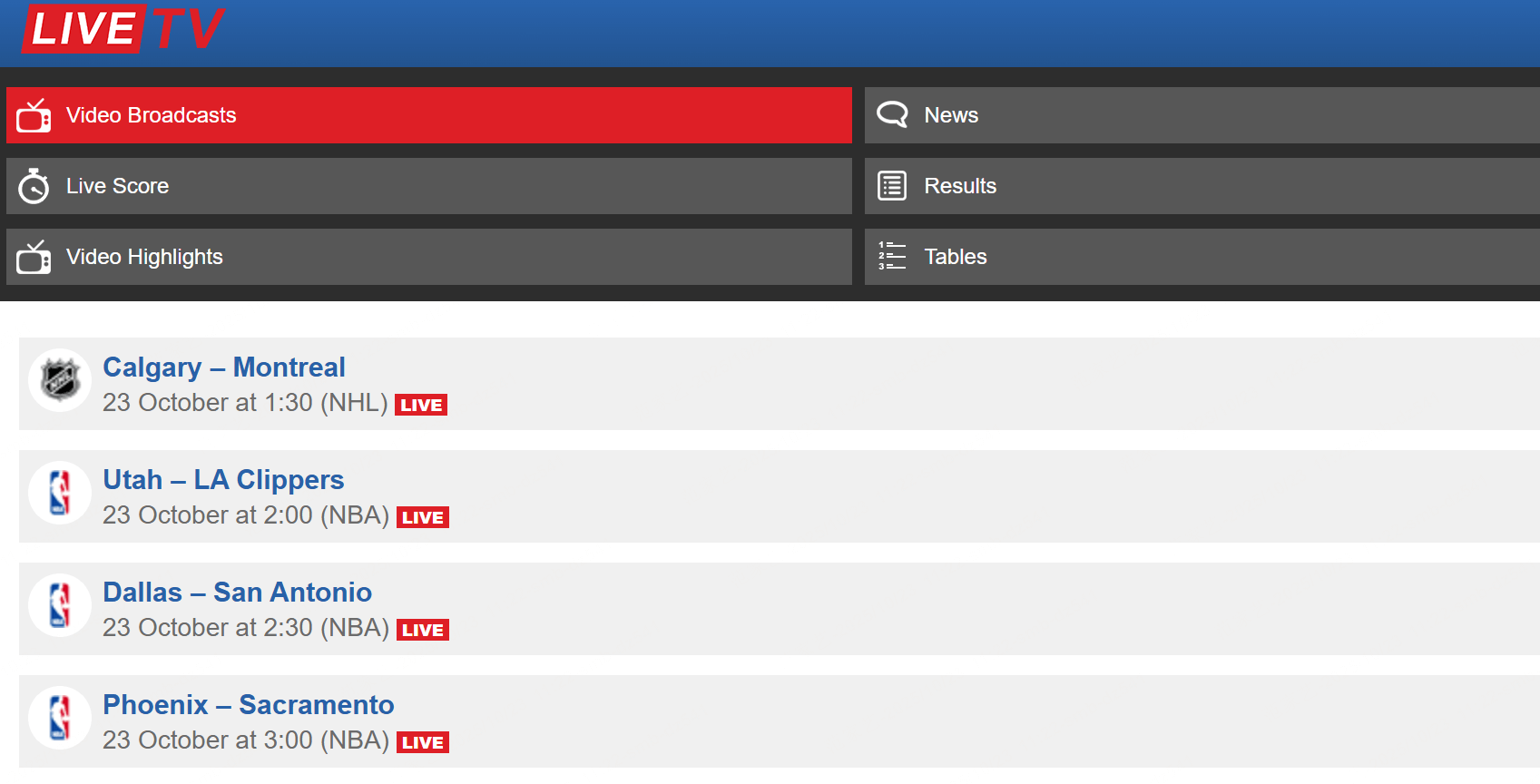 Live TV SX home page