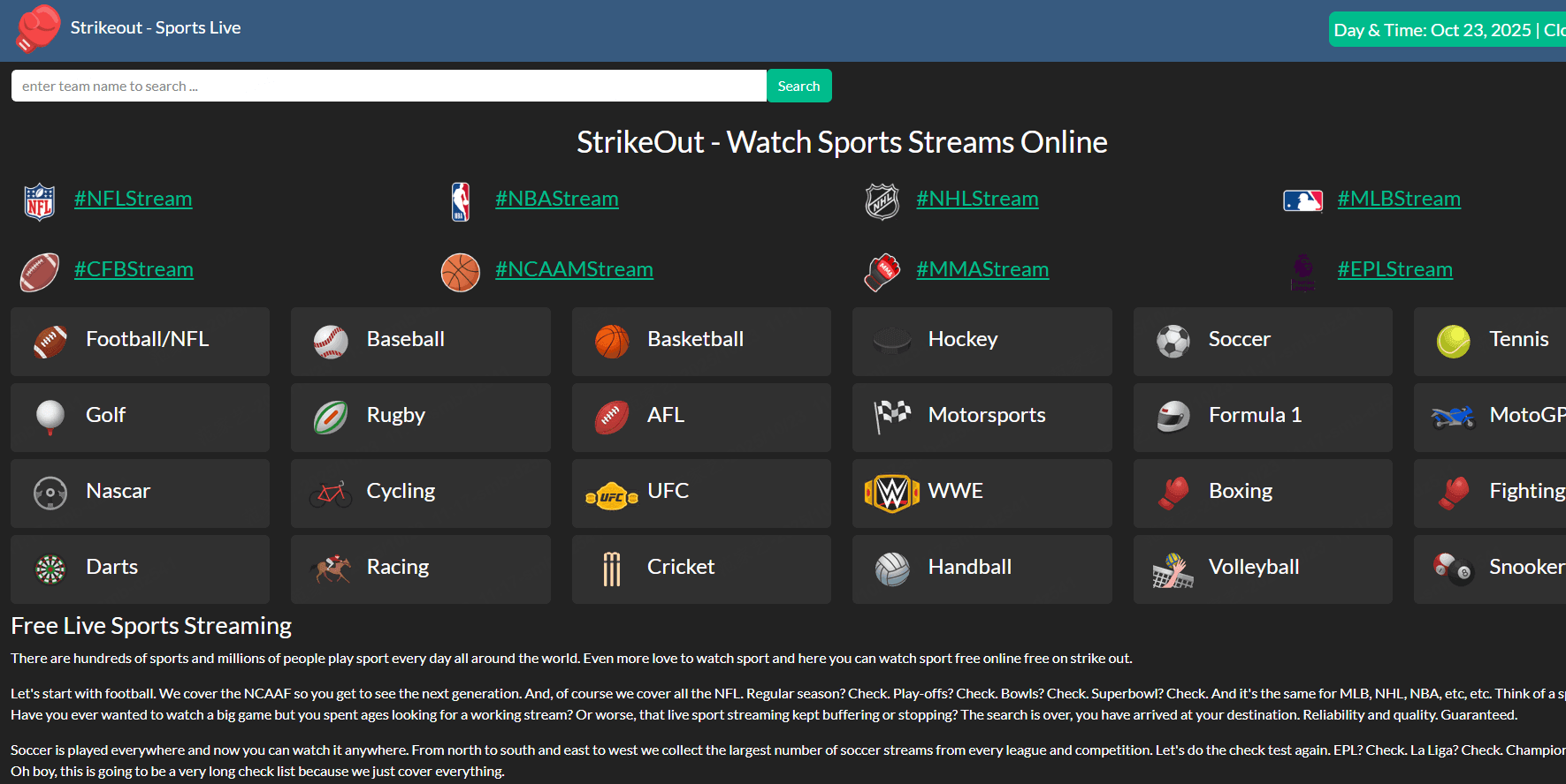 StrikeOut Stream home page