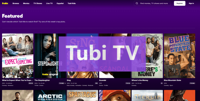 Tubi TV home page