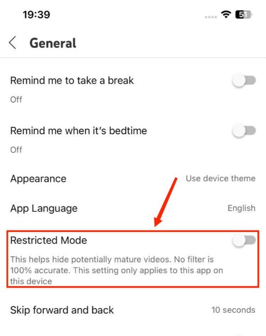 turn off youtube restricted mode on iphone