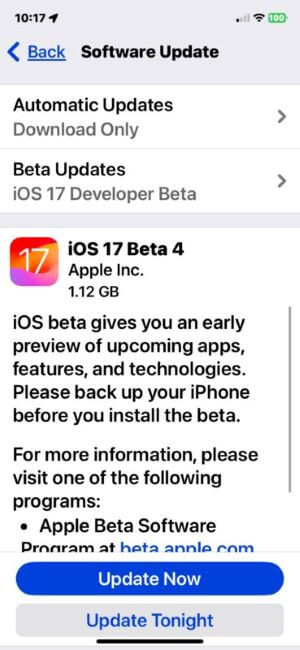 uodate ios 17 beta 4