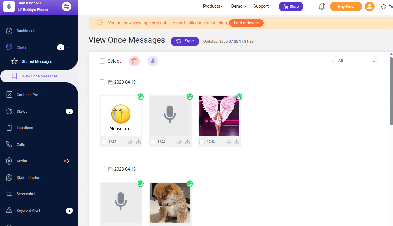 whatsapp view once dashboard
