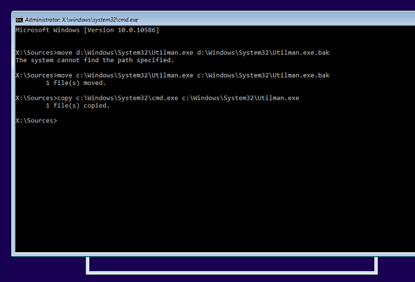 windows password reset ease of access enter cmd