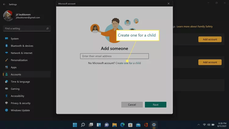 windows11 create for a child