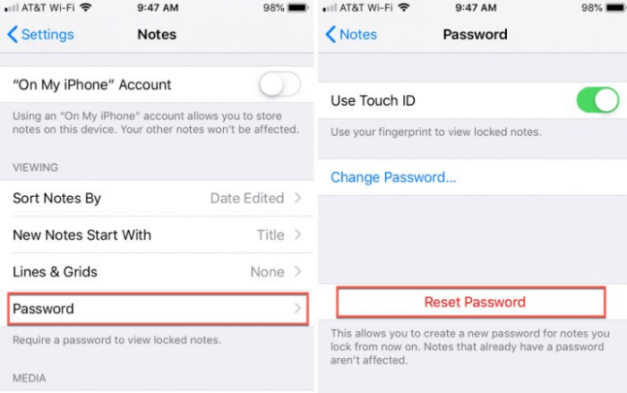 change password on notes