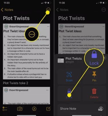 lock a note on iphone